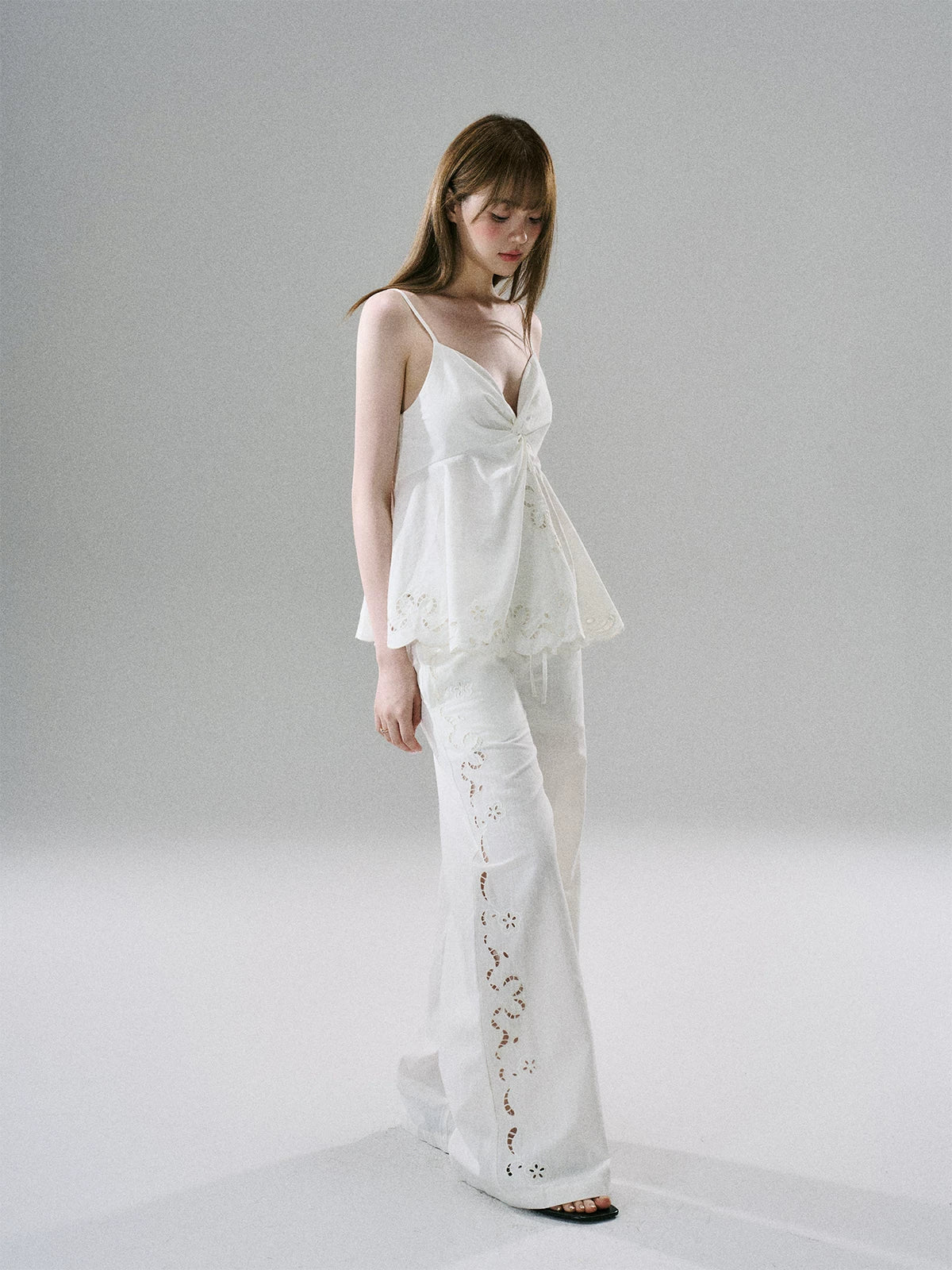 LOST FOREST - White Embroidered Linen-Blend Camisole & Wide-Leg Pants Set