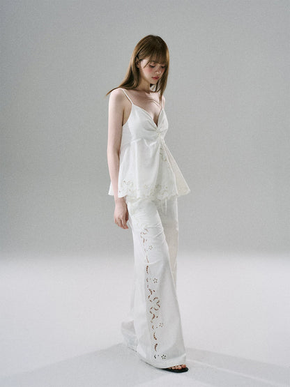 LOST FOREST - White Embroidered Linen-Blend Camisole & Wide-Leg Pants Set