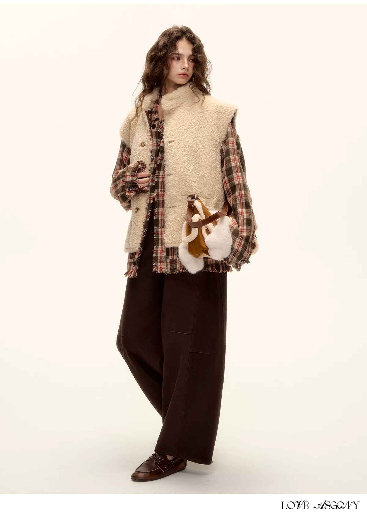 ASGONY - Brown Reversible Suede Faux Shearling Drawstring Vest