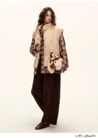 ASGONY - Brown Reversible Suede Faux Shearling Drawstring Vest