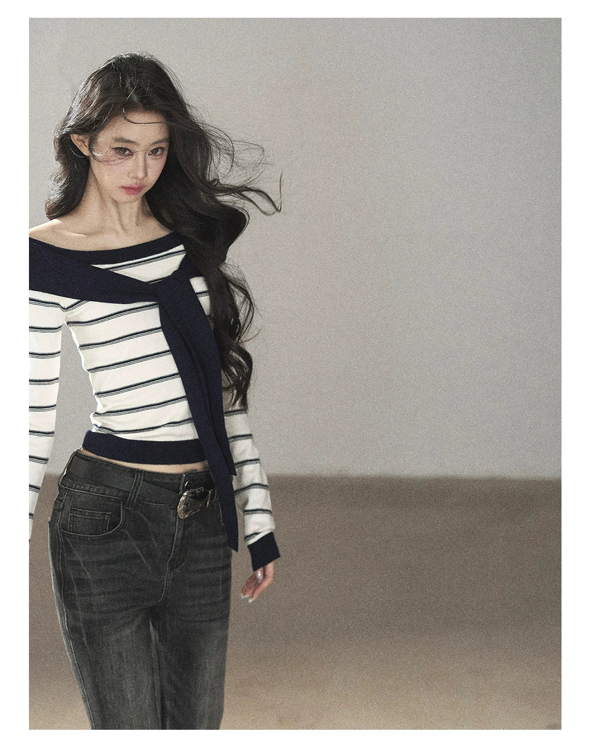 AOMALM - Ivory Stripe Faux-Layered Knit Top with Shoulder Ties