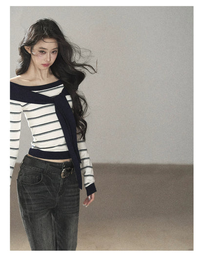 AOMALM - Ivory Stripe Faux-Layered Knit Top with Shoulder Ties