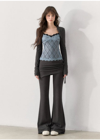 [TMMG] Lace-Trimmed Layered Knit Top & Flared Pants Set