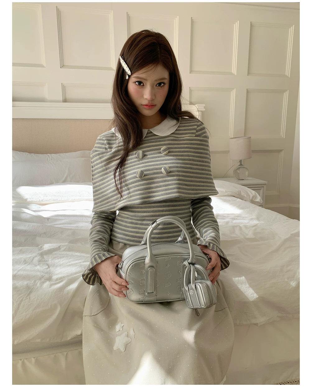 “Misty Sonata” Grey Layered Stripe Knit Top