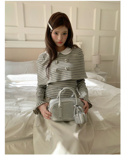 “Misty Sonata” Grey Layered Stripe Knit Top