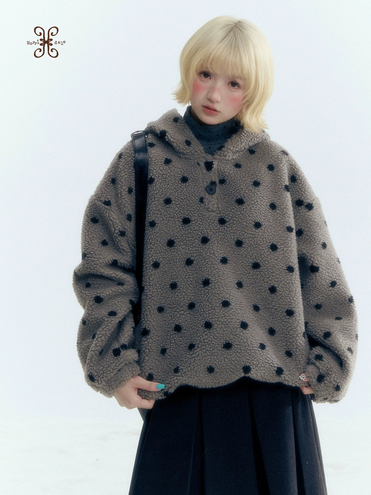 Horridale - Pink Black Polka Dot Sherpa Fleece Hoodie with Bunny Ears