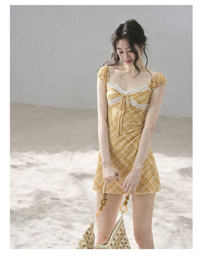 "Golden Wheat Whisper" Goose Yellow Lace Diamond Mini Dress