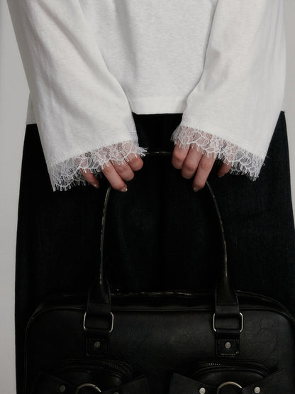 “Lash-Lace Soft Drape” White Polo Long-Sleeve Base Top M6678