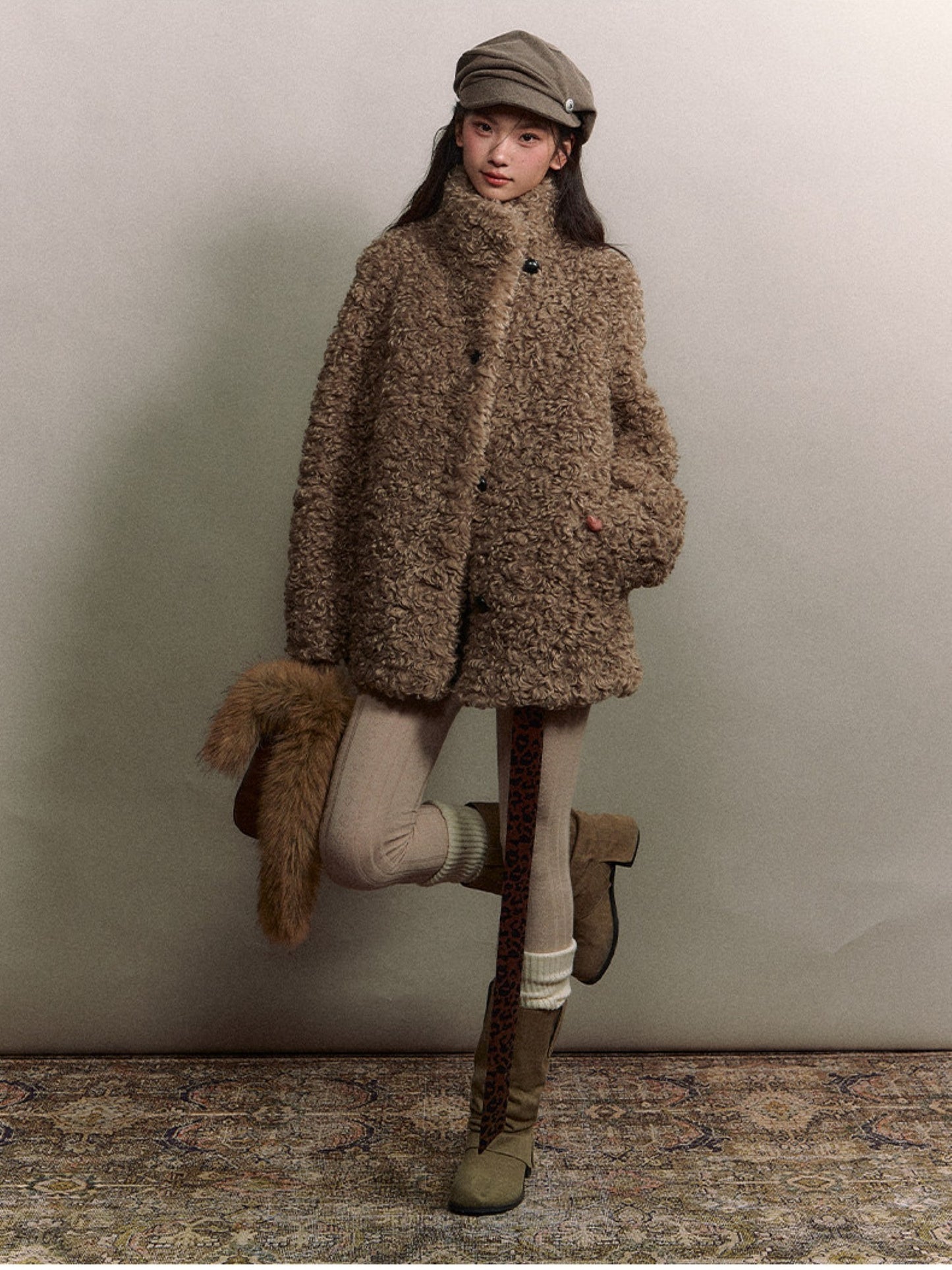 Soote Season - Curly Faux Shearling Stand-Collar Fur Jacket