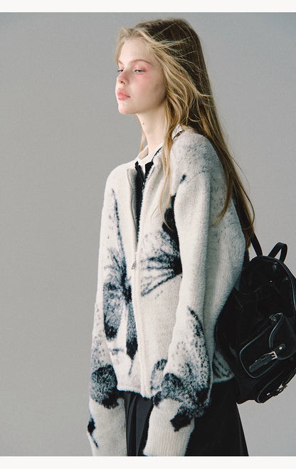 OAKMOO/ "Butterfly Gently Lands" Jacquard Double-Zip Knit Cardigan