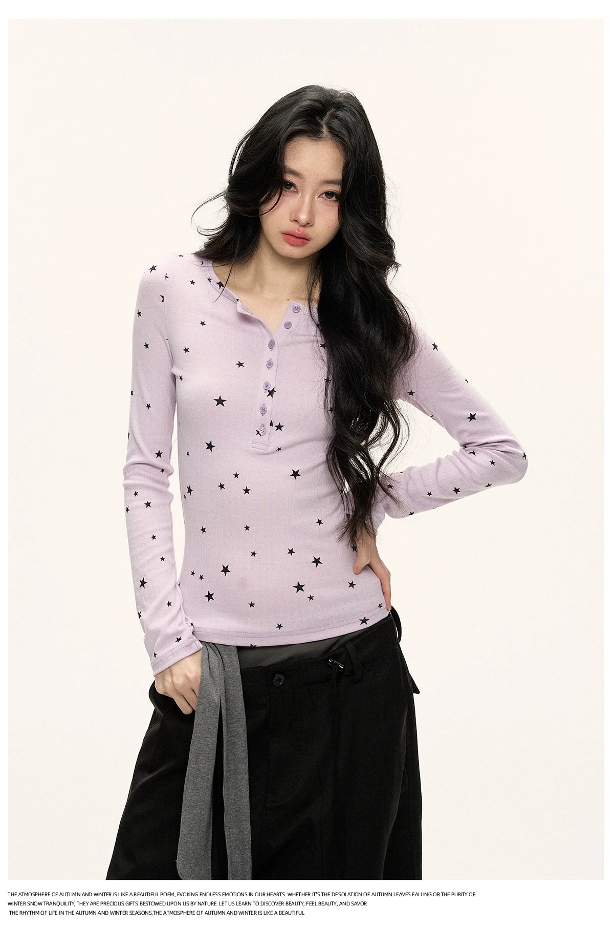 JN's DESIGN - Star Print Fitted Henley Long-Sleeve Top (White / Taro Pink-Purple)