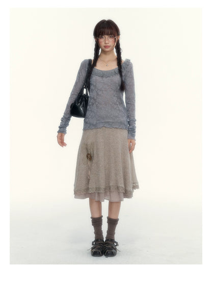 Milk Coffee Vintage Lace Knit A-Line Skirt