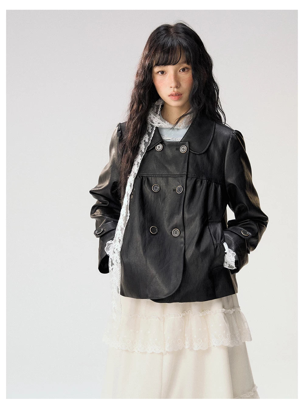[CAN] "Midnight Sweetheart" Black Bow Pocket Doll Collar Faux Leather Jacket