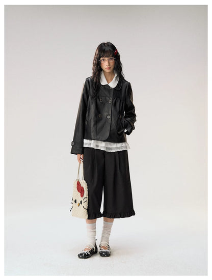 [CAN] "Midnight Sweetheart" Black Bow Pocket Doll Collar Faux Leather Jacket