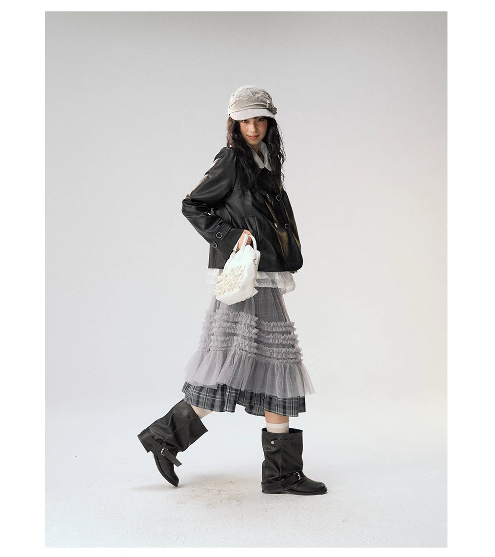 [CAN] "Midnight Sweetheart" Black Bow Pocket Doll Collar Faux Leather Jacket