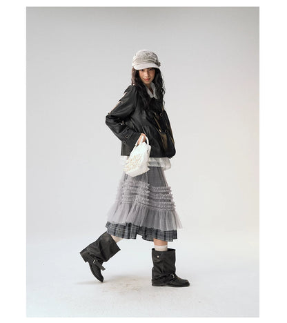 [CAN] "Midnight Sweetheart" Black Bow Pocket Doll Collar Faux Leather Jacket