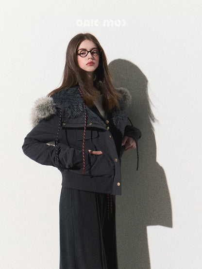 OAKMOO/ "Energy & Freedom" Mocha Gray Fur-Collar Cropped Hoodie Jacket