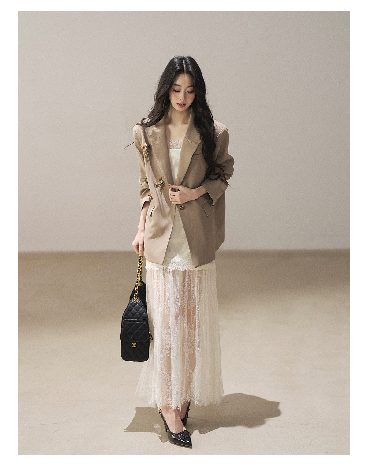 170726 "Your Open Meadow" Taupe Gray Floral Embellished Oversized Blazer