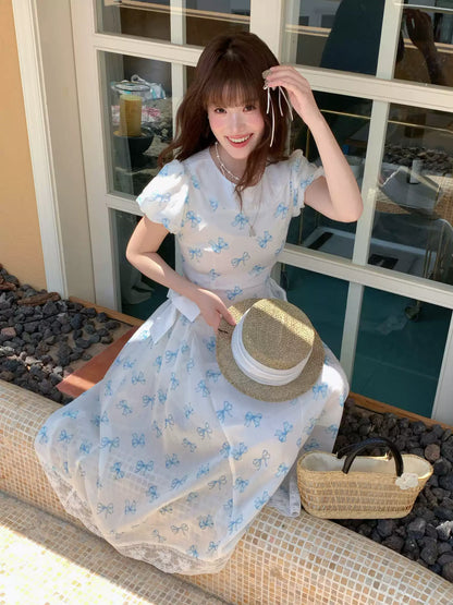 [RF] “Blue Butterfly Letter” Light Blue Floral Bow Midi Dress