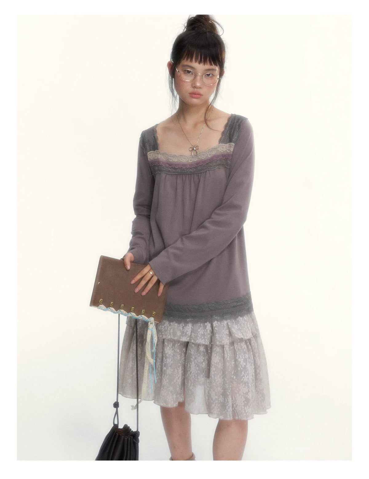 Gray Purple Lace-Trimmed Square-Neck Long-Sleeve T-Shirt