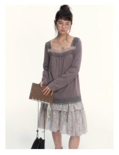 Gray Purple Lace-Trimmed Square-Neck Long-Sleeve T-Shirt