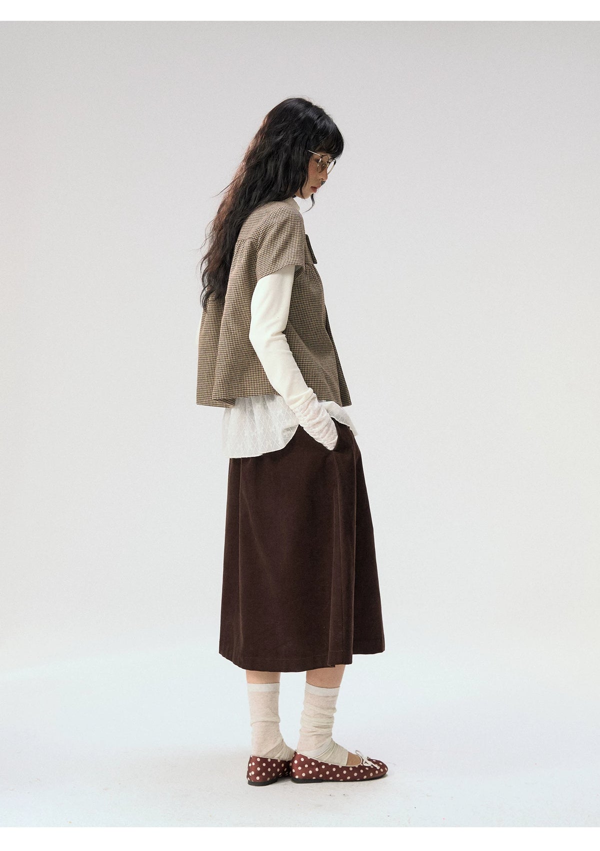[CAN] “Autumn Plaid Letter” Brown Houndstooth Asymmetric Collar Top