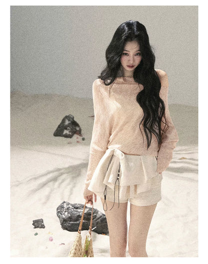 "Misty Veil Whisper" Blush Nude Pink Off-Shoulder Sheer Sun Protection Top 5345634