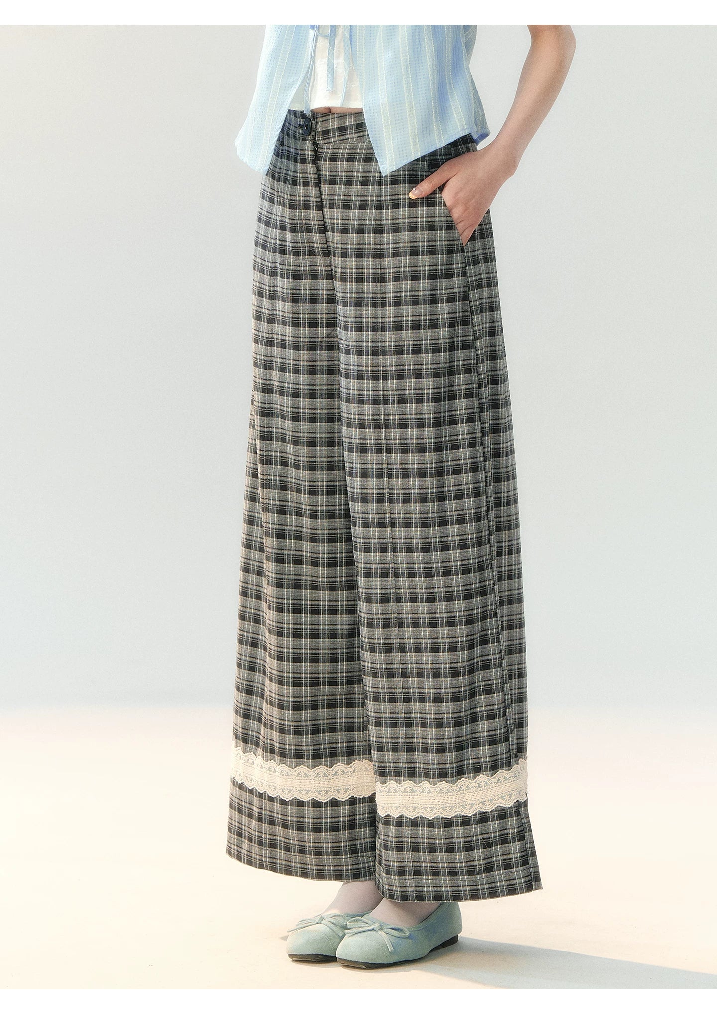 "Gray Cloud Flurry" Plaid Lace Hem Wide-Leg Pants SH2026205
