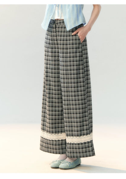 "Gray Cloud Flurry" Plaid Lace Hem Wide-Leg Pants SH2026205