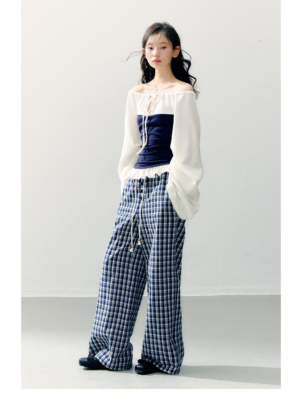 ANNATTO - Spring Navy & Ivory Off-Shoulder Knit Top & Plaid Pants Set