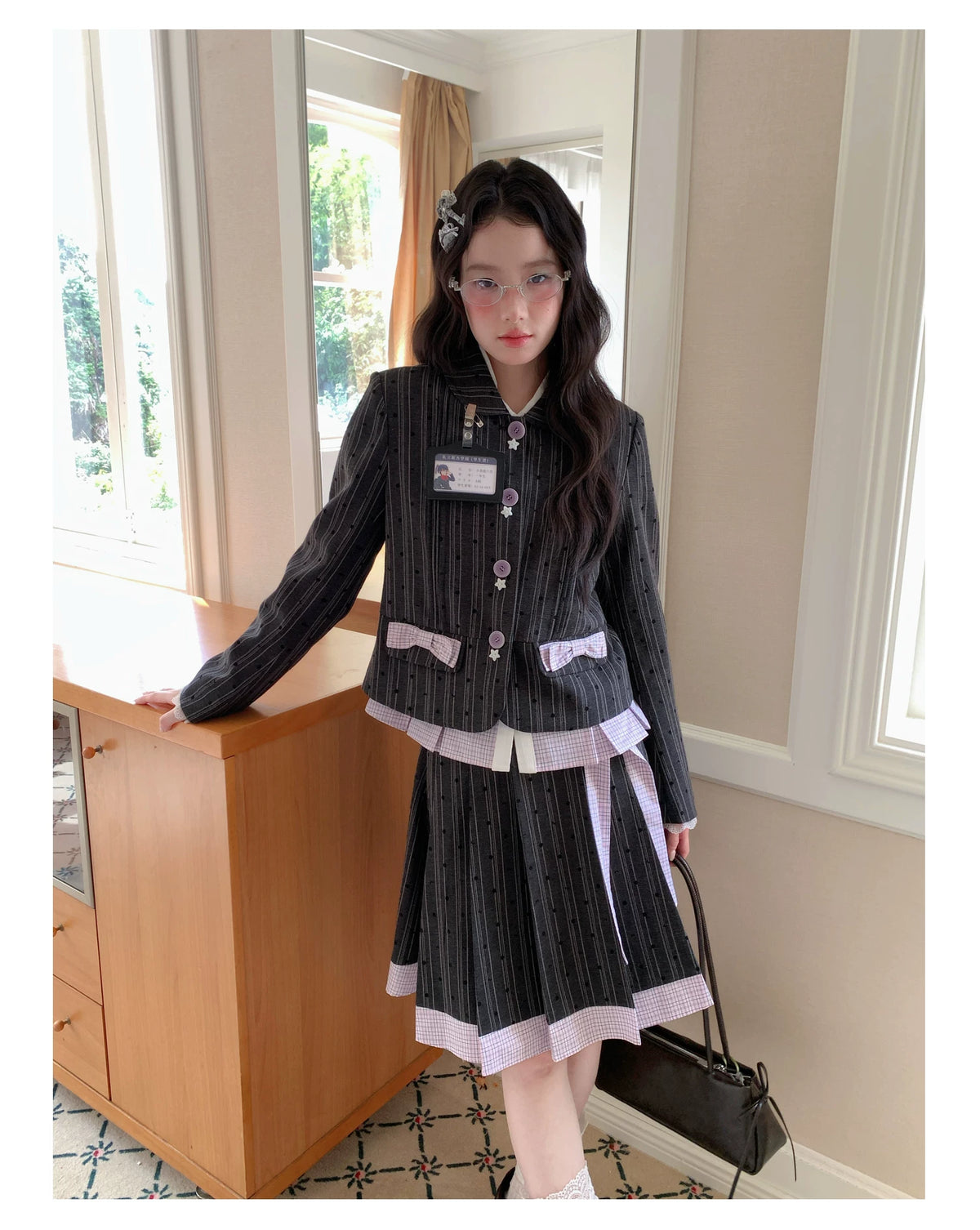 [[RF] “Ink Plaid Prelude” Gray-Purple Plaid Striped Pleated Skirt Two-Piece Set
