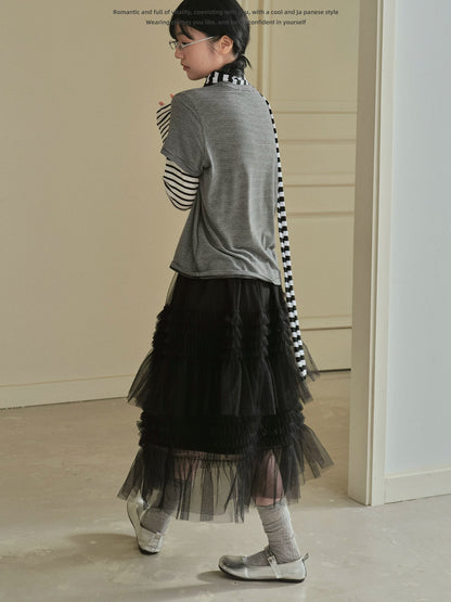 "Misty Layers" Tiered Mesh Skirt (Black / Greige)