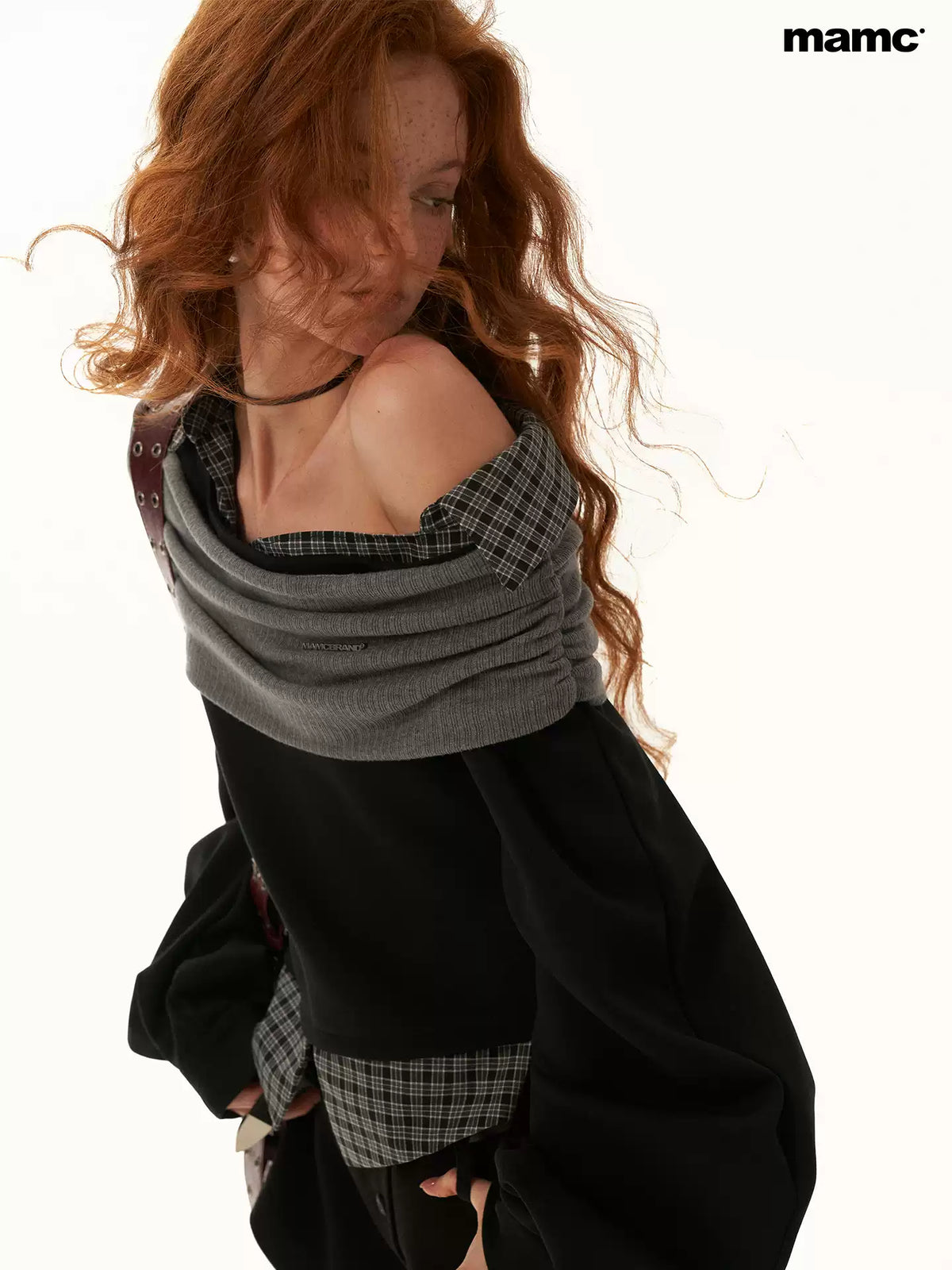 MAMC - Black Y2K Layered Plaid Off-Shoulder Sweatshirt