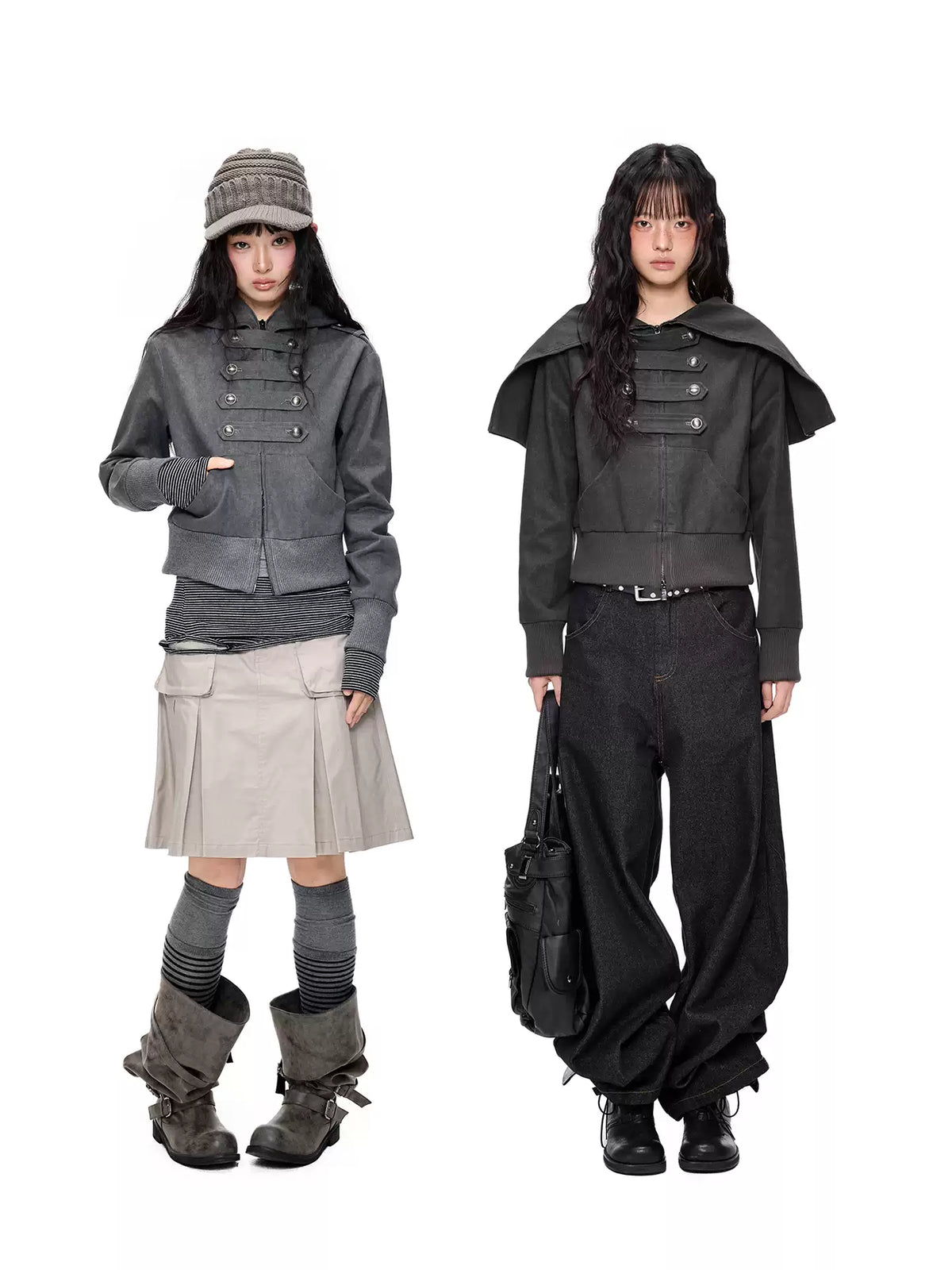 EZEK | Cropped Hooded Sweatshirt Jacket with Double Metal Snap Closure (Black / Gray)