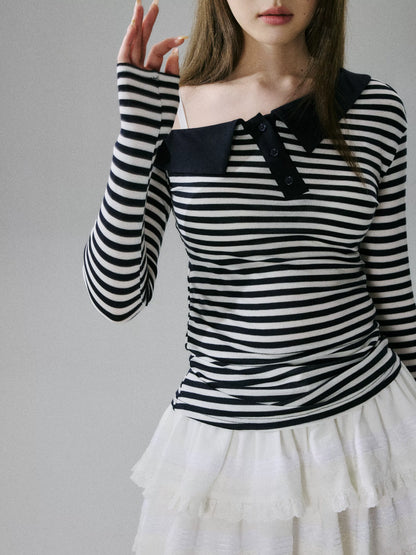 LOST FOREST - Striped Asymmetrical Lyocell-Wool Layering Top