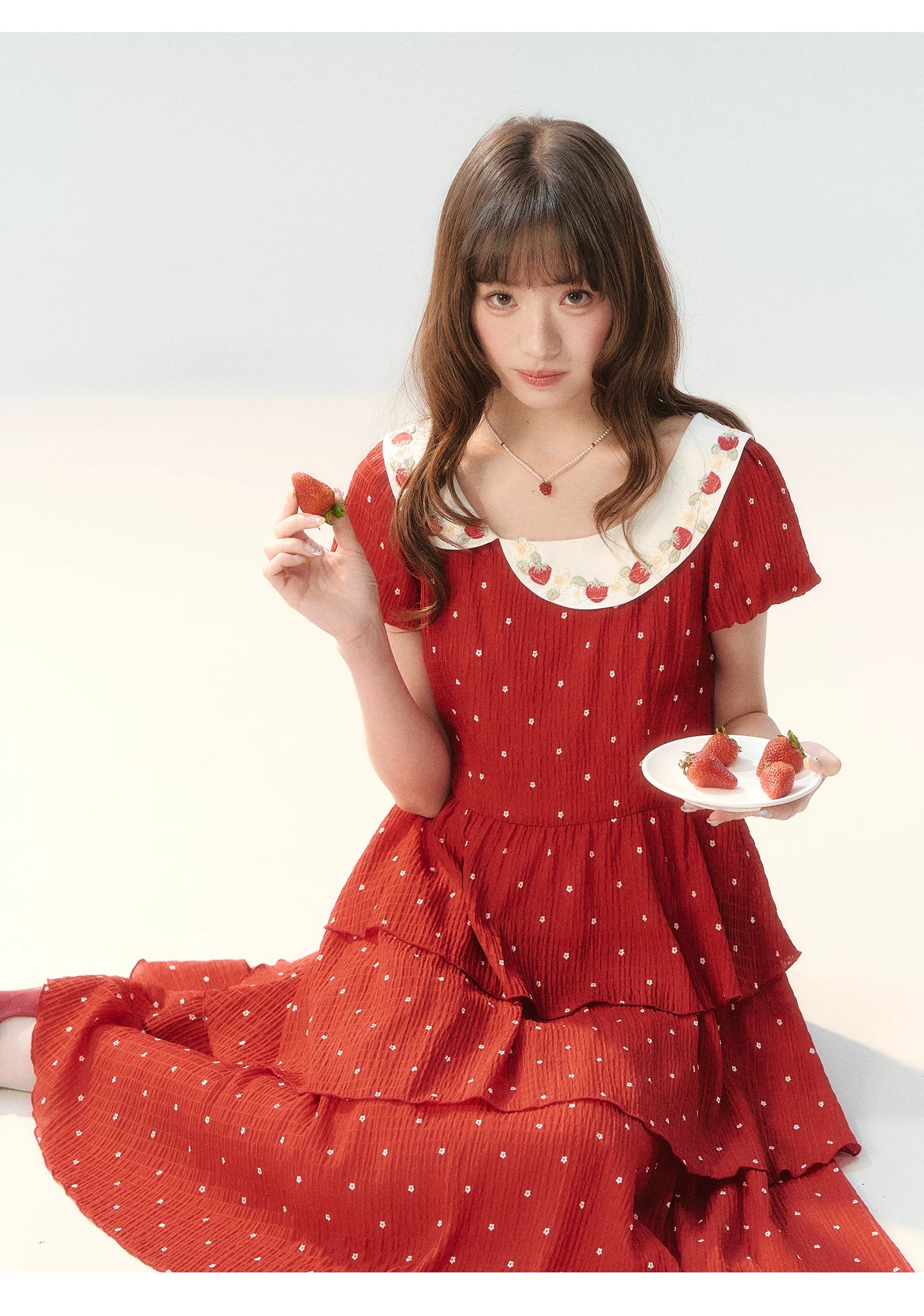 "Strawberry Waltz Letter" Red Tiered Doll Collar Dress LL2026225