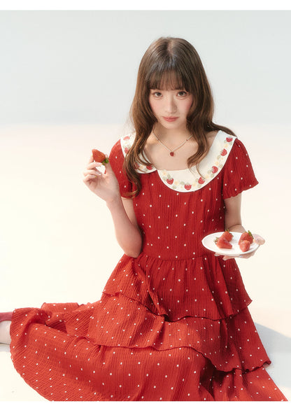 "Strawberry Waltz Letter" Red Tiered Doll Collar Dress LL2026225