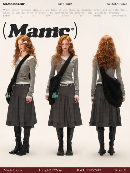 MAMC - Y2K Preppy Lace Trim Ruched Long Sleeve Top (Grey)