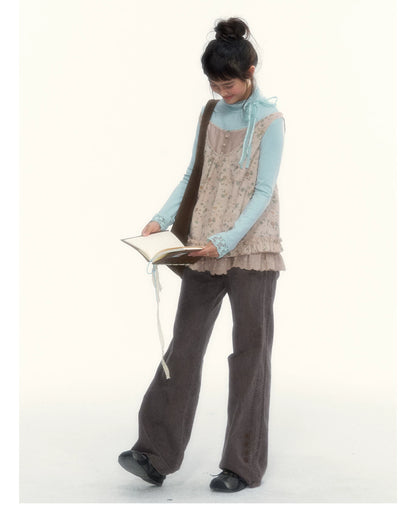 “Mint Milk Pudding” Mint Blue Lace-Trimmed Mock Neck Knit Top