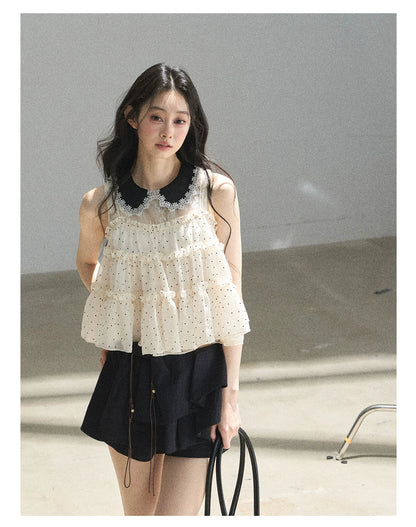 "A Dream Like Foam" French Polka Dot Chiffon Babydoll Blouse