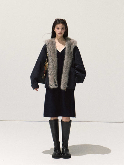 OAKMOO/ Agate Blue Faux Suede Hooded Jacket with Ombre Faux Fur