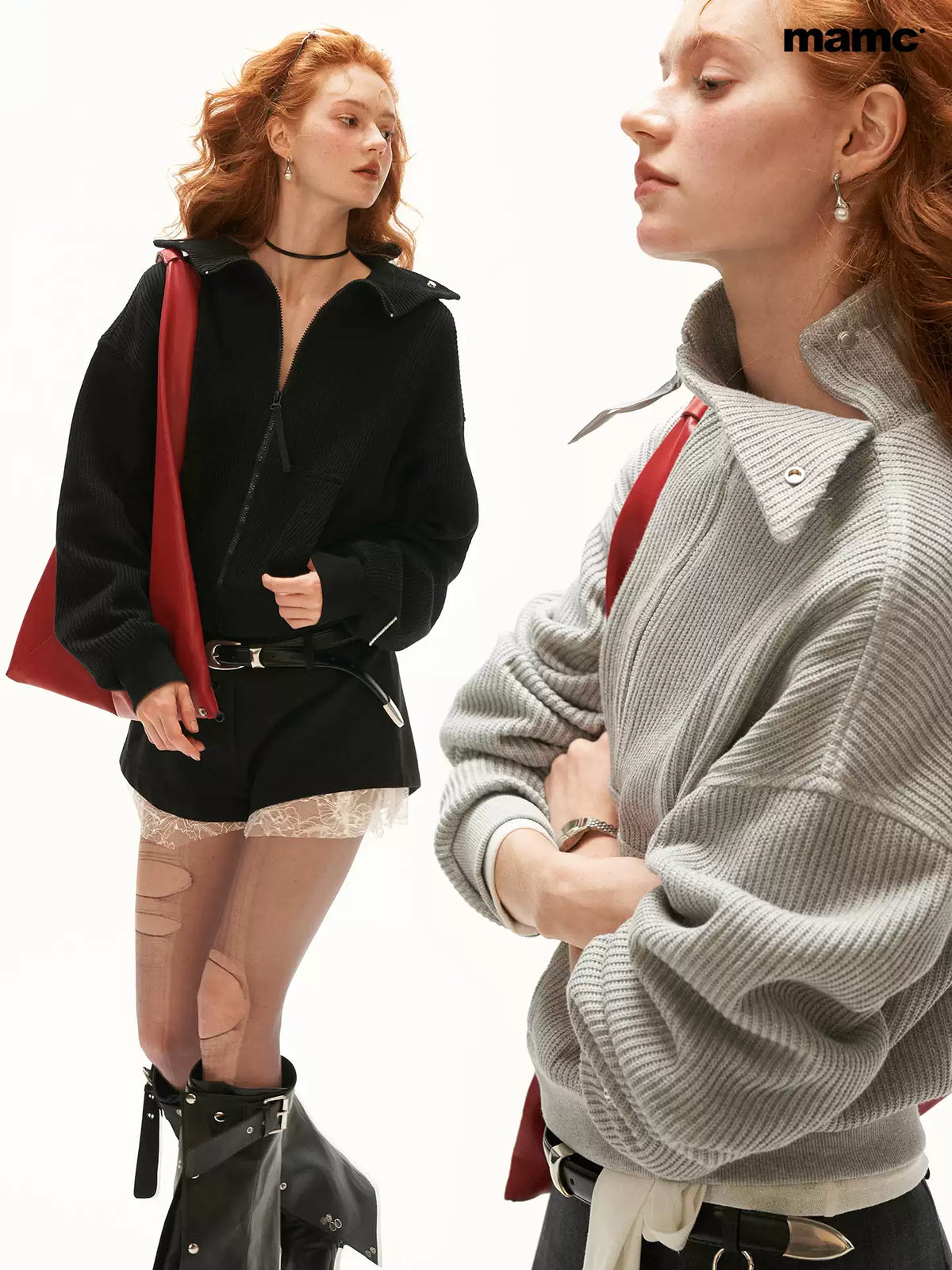 MAMC - Y2K Structured Knit Zip-Up Jacket (Black / Gray)