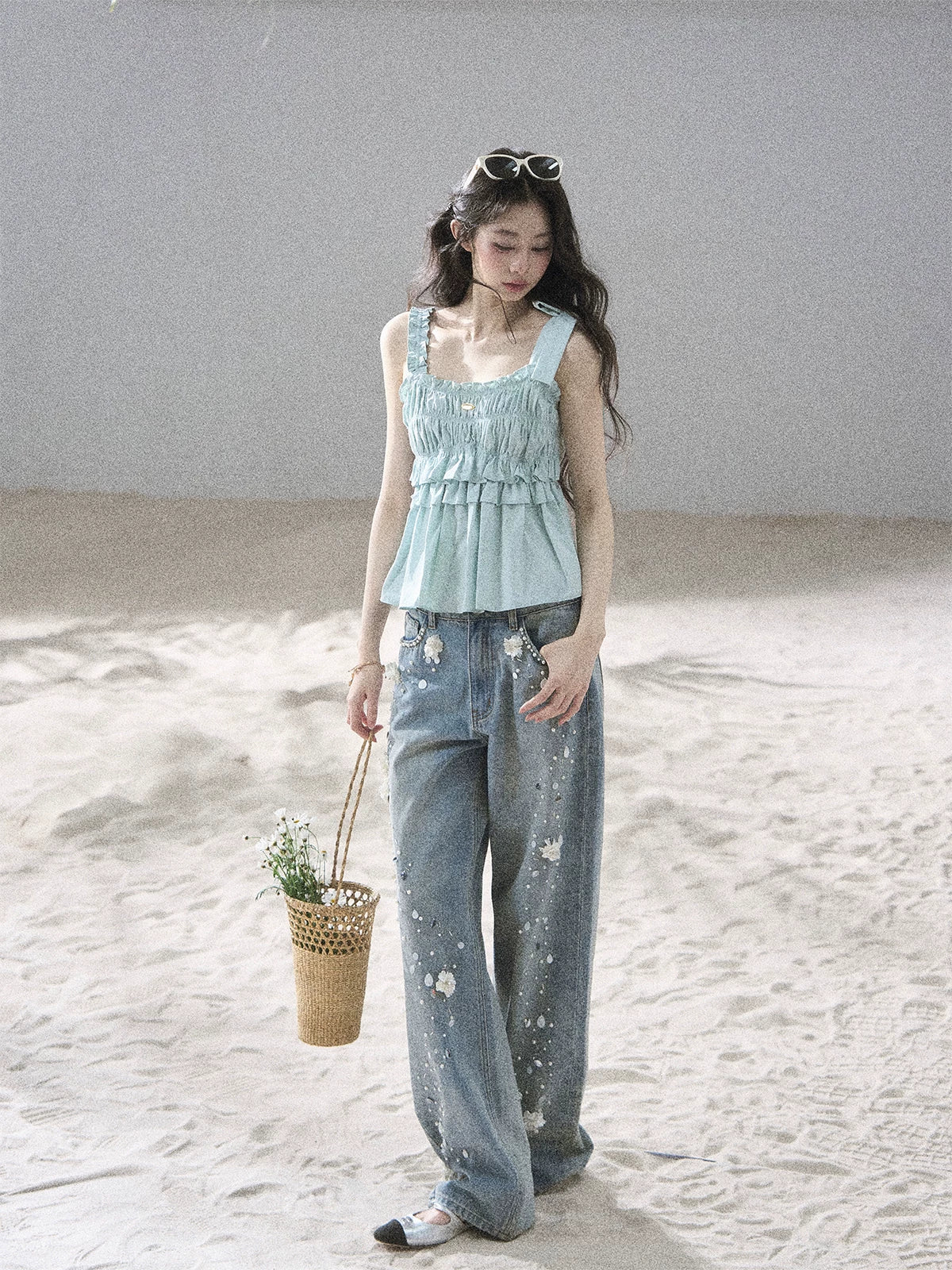 "Gentle Whisper" Glacier Blue Ruffle Peplum Cotton Top