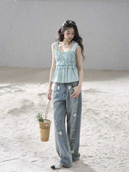 "Gentle Whisper" Glacier Blue Ruffle Peplum Cotton Top