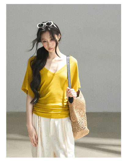 "The First Ray of Sunshine" V-Neck Crop Tee (Ginger Yellow. Creamy Apricot White)