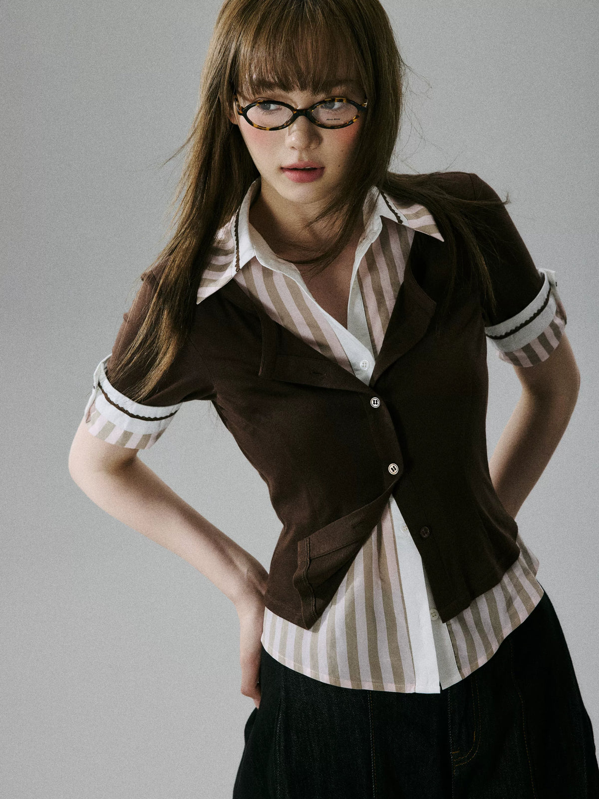 LOST FOREST - Brown & Pink Faux-Layered Lyocell Wool Top