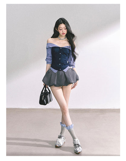 少也眼 "London Crush" Off-Shoulder Dual-Layer Long-Sleeve Spicy Girl Tee - Navy Blue