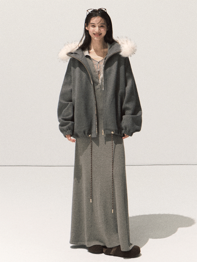 OAKMOO/ Swiss Gray Hooded Zip-Up Jacket with Detachable Faux Fur Collar