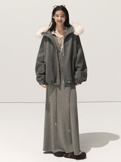 OAKMOO/ Swiss Gray Hooded Zip-Up Jacket with Detachable Faux Fur Collar