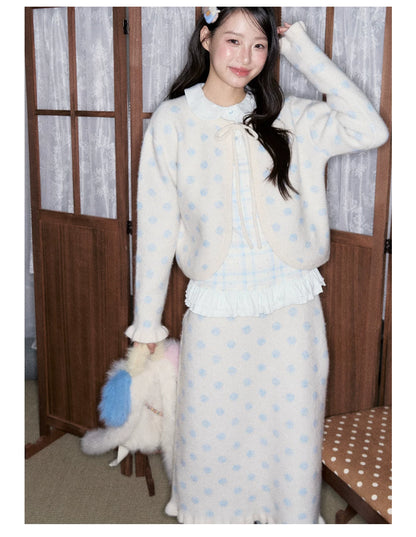 [RF] Ice Blue Polka Dot Knit Cardigan & Midi Skirt Set